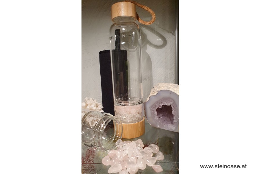 Glasflasche mit Rosenquarz + Bergkristall